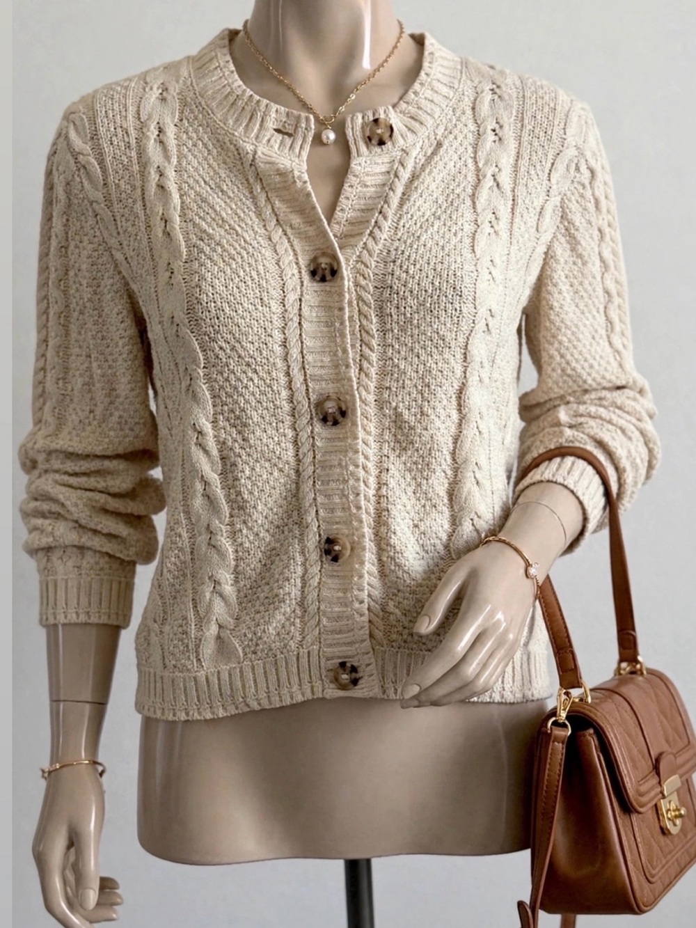 wild fable Cream Cable Knit Button-Up Cardigan